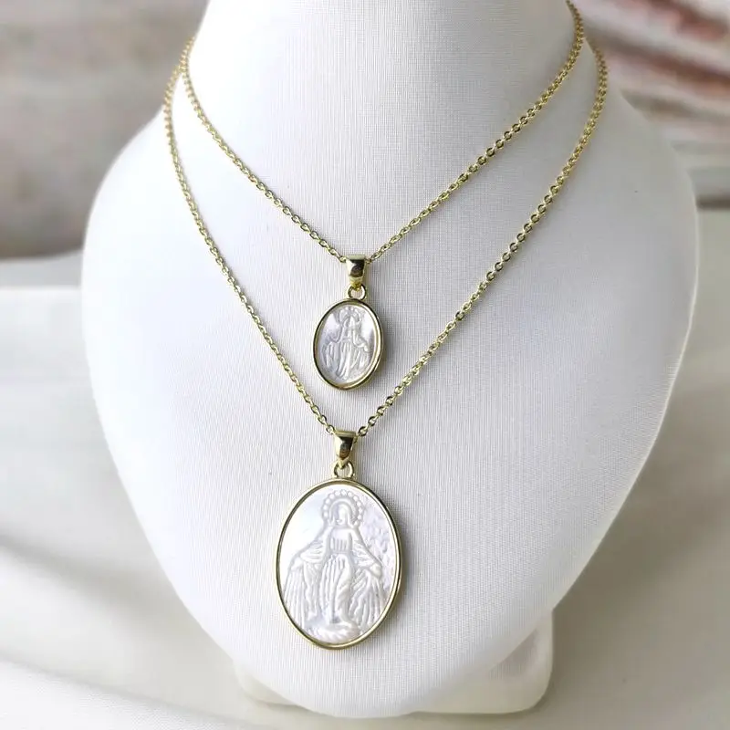 

Mother of Pearl Miraculous Gold Plated Virgin Mary Pendant Necklace, Picture
