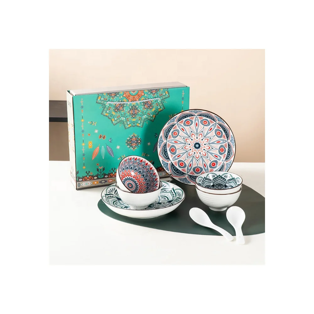 

Bohemia theme ceramic tableware set ceramic dinnerware set bowl spoon set customization business giveaway with gift box