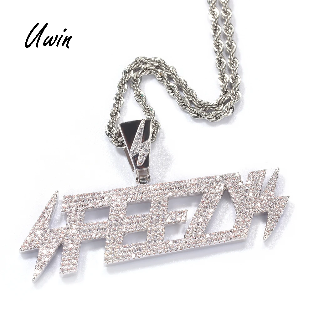 

Hip Hop Lightning Charm FEEZY Letter Pendant Gold Plating Rapper Bling Pendant Necklace, Gold and platinum plated