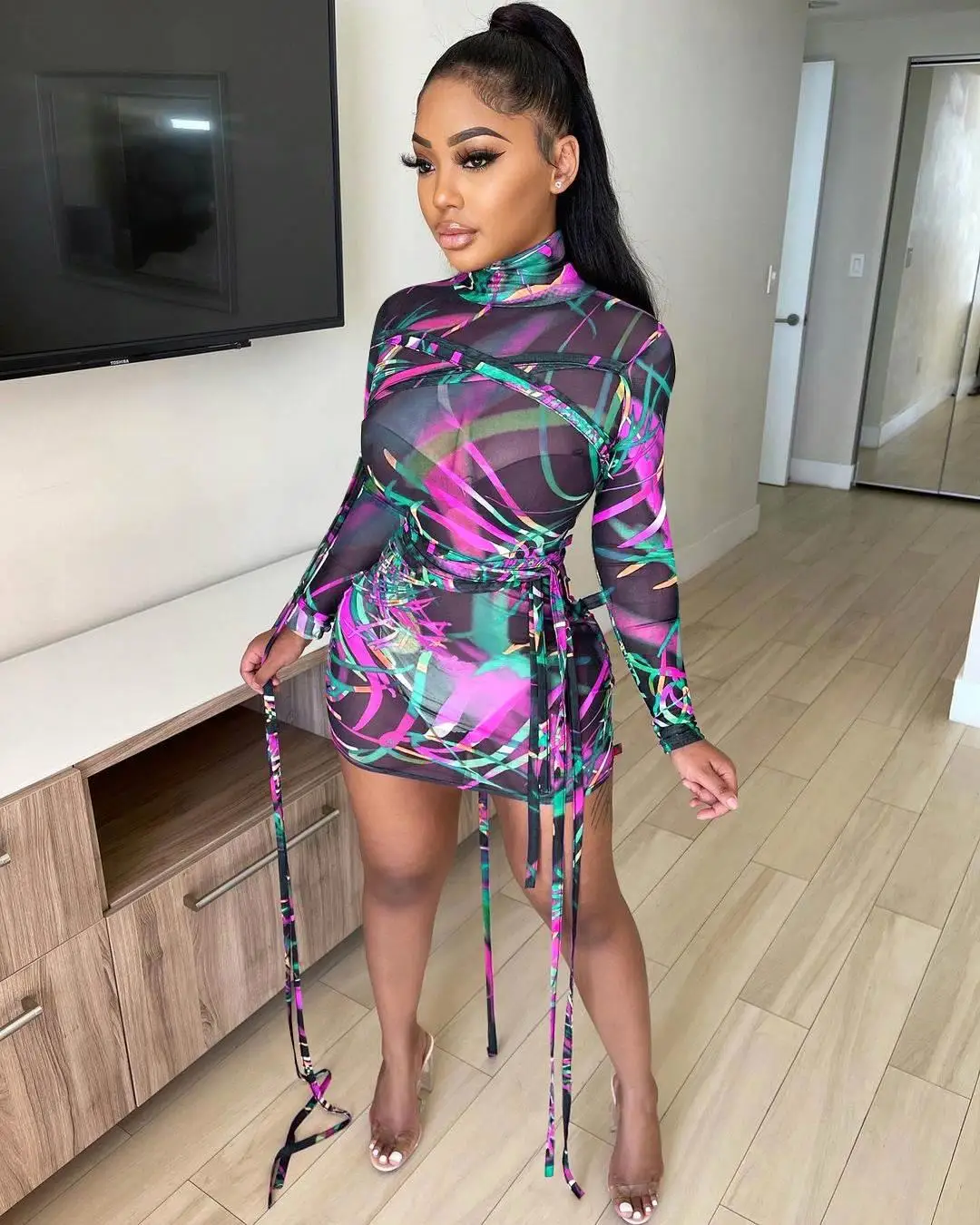 

Mesh Sheer Bandage Dress Summer Clothes Women Turtleneck Long Sleeve Dress Sexy Bodycon Club Party Mini Dresses