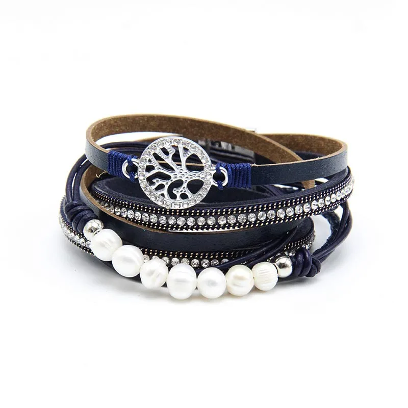 

fashion hollow life tree pearl magnetic buckle bracelet lady braided multilayer leather bracelet wholesale (SK1372), As picture