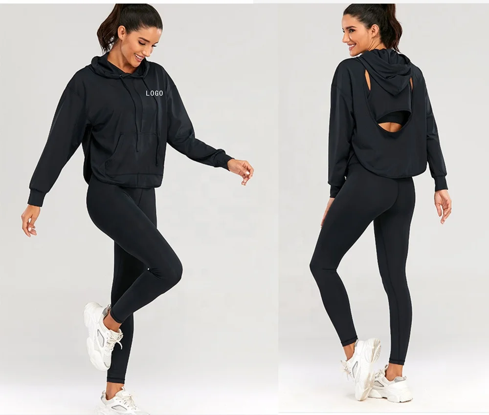 

Sustainable 3piece set female workout clothing leggings top Seamless hooded yoga sportswear ladies 2 piece set women