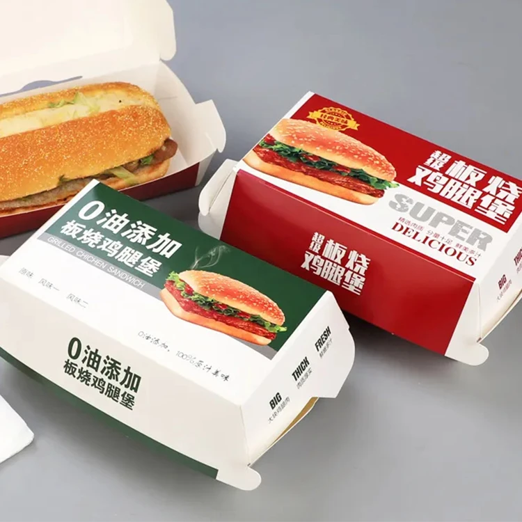 

RTS Wholesale Large Rectangle Hamburger Packaging Paper Box Burger Hot Dog Takeaway Fast Food Packaging Box With Wrapping Paper