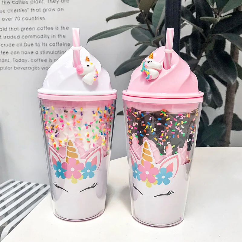 Seaygift New fancy promotional design custom eco-friendly multicoloured unicorn plastic tumbler cup summer plastic juice cup