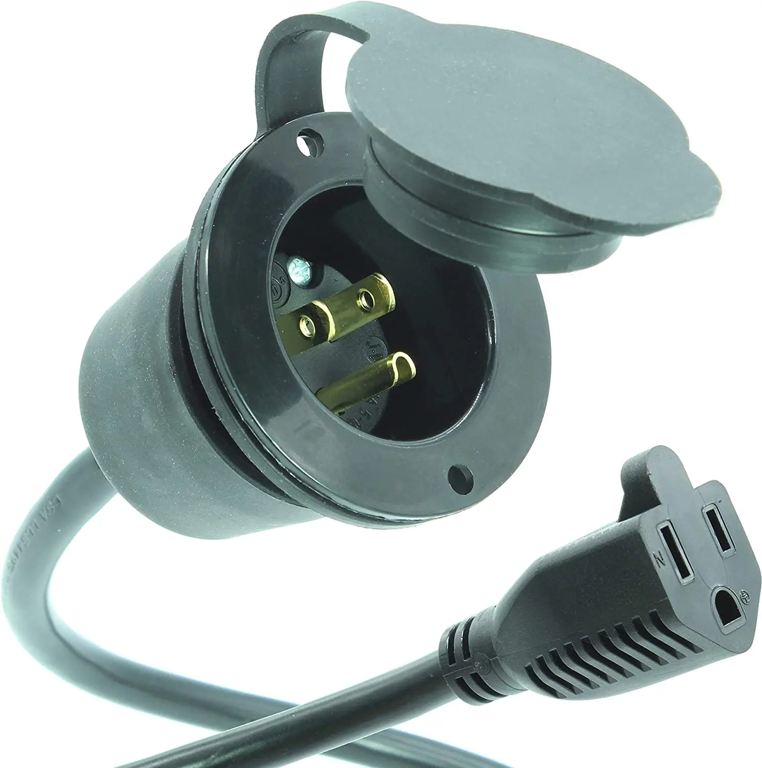 15A 125V NEMA 5-15 Flanged Inlet Power Plug with  Waterproof Extension Cord+ Waterproof Cover, UL Listed