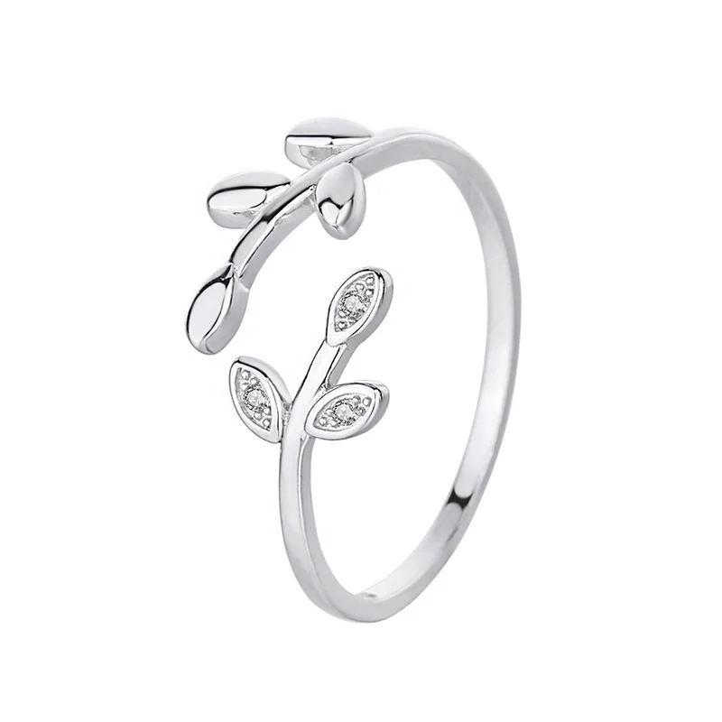 

925 Sterling Silver rhodium plating Leaves Leaf Laurel Adjustable Cubic Zirconia Crystal Ring Branch Ring Jewelry