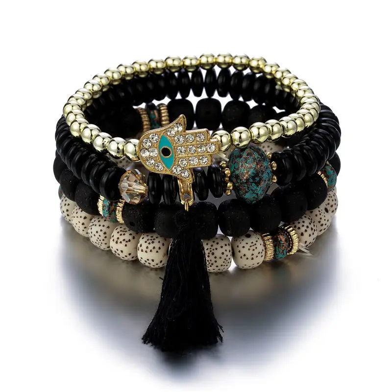 

4pcs/lot Bohemian Evil Eye Charm Bracelts Women Natural Stone Fatima Hamsa Hand Bead Bracelts Bangles Fashion Jewelry