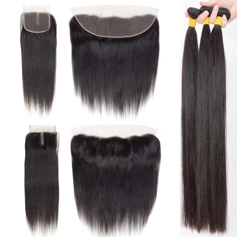 3+1Packet Human Hair Bundles with Frontal Closure Straight Weave Hiar Extensions Double Drawn 12a Grade Virgin Packet Human Hair