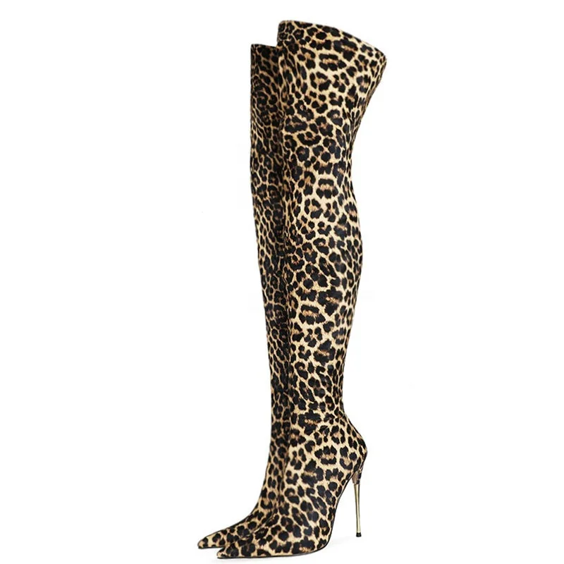 

Special Leopard Color Women Winter Over The Knee High Boots Pointed Toe High Thin Heels Western Fashion Style Street Shoes