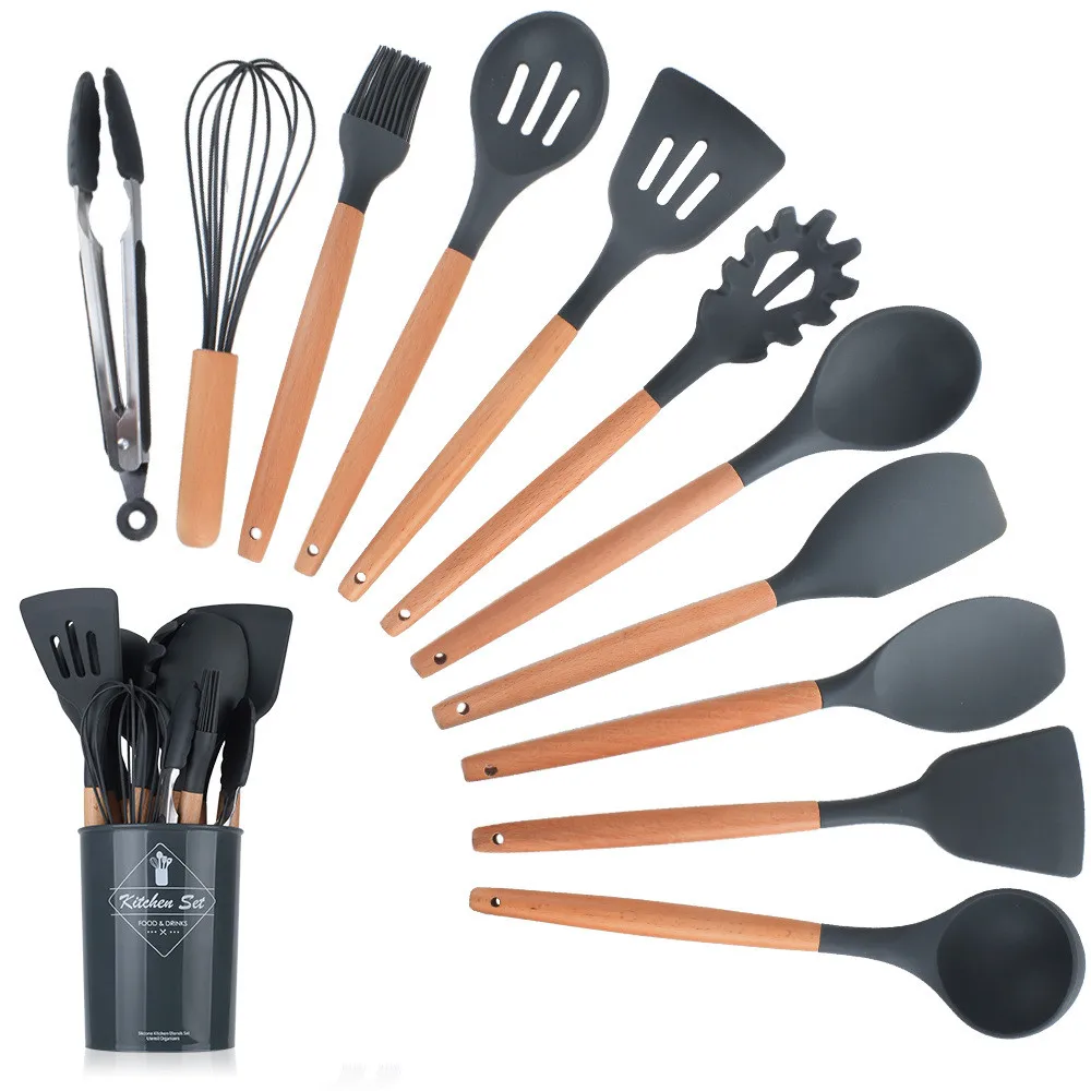 

Popular selling non stick heat resistance 12 piece wood handle pink silicone spoon kitchen cooking utensils with holder, Customers' color