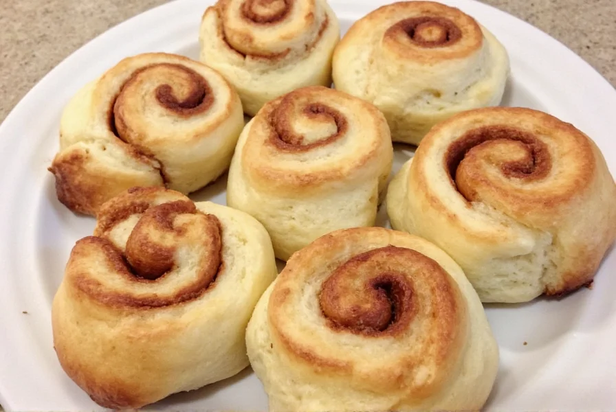 Finished easy cinnamon rolls with cream cheese frosting on rustic wooden plate