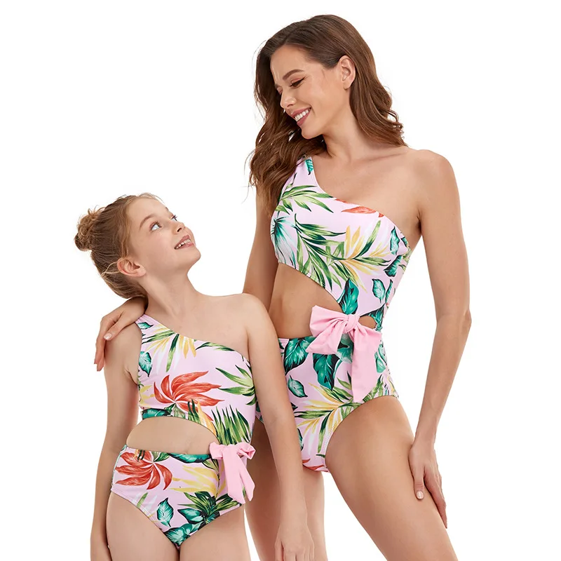 

OEM Factory custom design acceptable fashion one piece slanted shoulder mother daughter swimsuit, Customized color