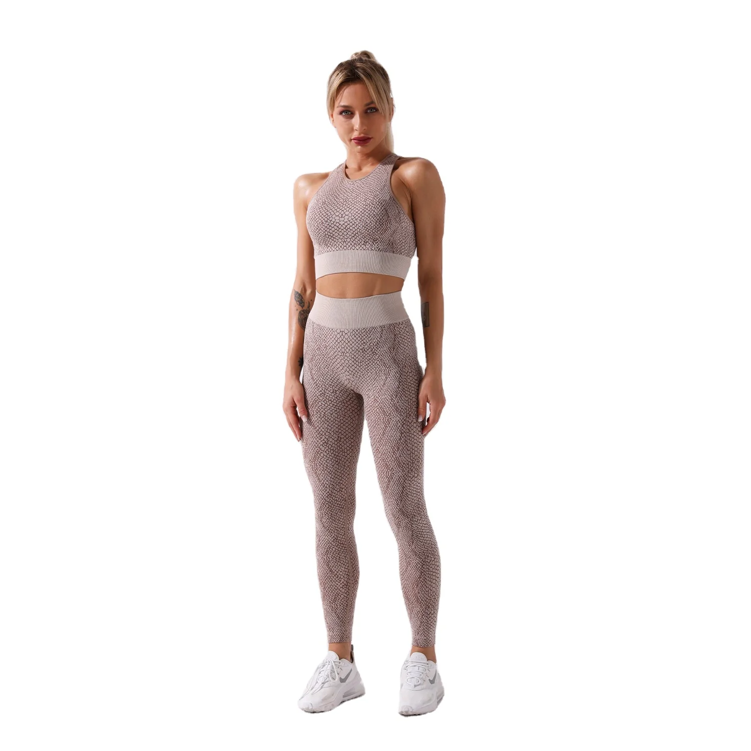 

Best selling breathable women yoga set 2021snakeskin print seamless yoga set gym sport yoga set