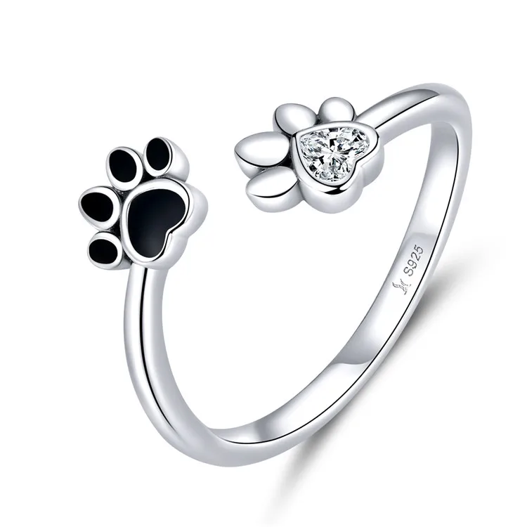 

Newest Sterling Silver 925 Black Enamel Dog Paw Open Adjustable Crystal Finger Rings