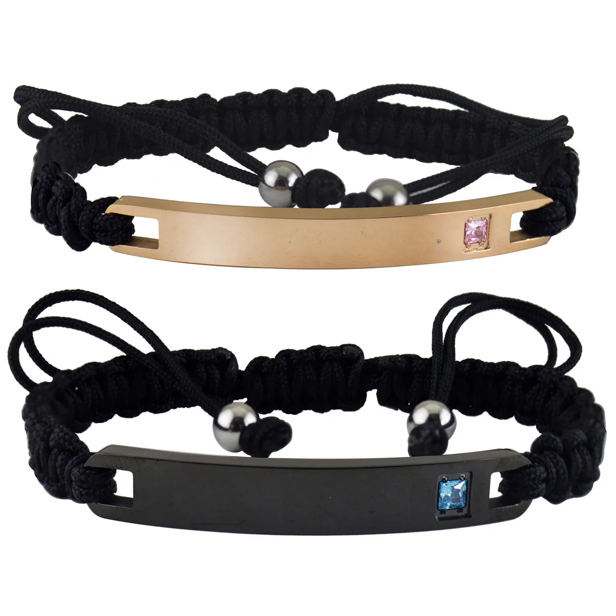 

Stainless Steel Blank Bar Customized Personality Her Queen His King Jewelry Cubic Zircon Adjustable Braided Rope Chain Bracelet