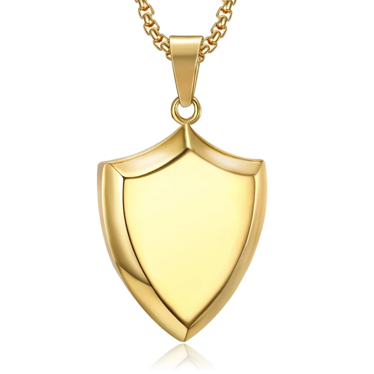 

New Design Hip Hop Men Glossy Jewelry Stainless Steel Custom Made Blank Knight Shield Pendant Gold Plated Jewelry Necklace