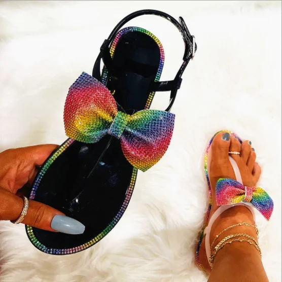 

Ladies Jelly Shoes Glitter Rhinestone Bow Slides Flat Sandals For Women, Black, white, pink
