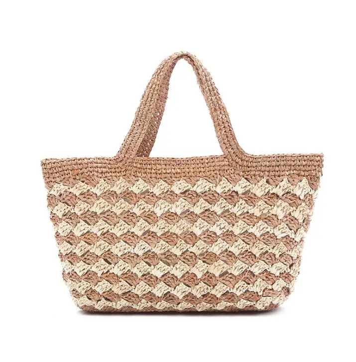 

Stock manufactory Straw Beach Bag Handbags Shoulder Bag Tote Cotton Lining PU Leather Handle