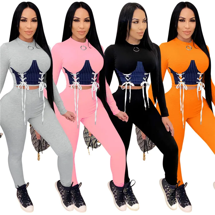 

Color Patchwork Two Piece Set Antumu Fashion Long Sleeve Women Set Outfits Lace Up Top Pencil Pants Set Suit Tracksuit, As picture