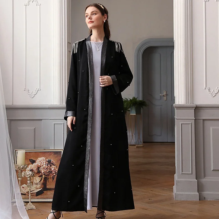

New Luxury Islamic Clothes Long Cardigan Saudi Arabia Kaftan Robe Bead Kimono Muslim Dress Women Black Open Abaya, 1 color