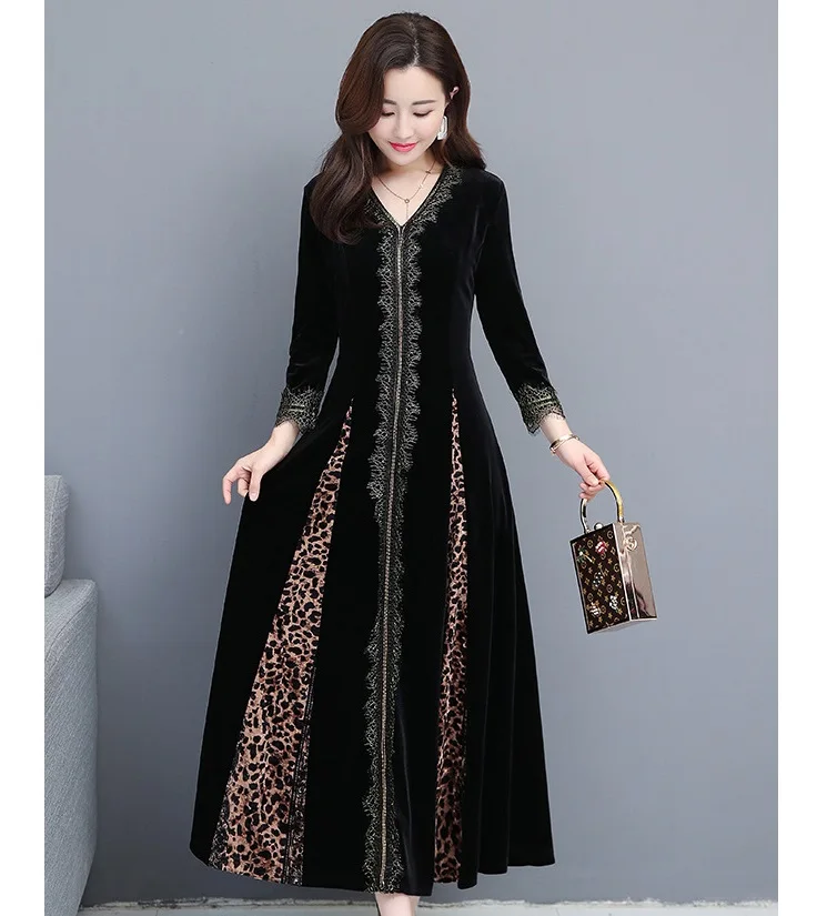 

New gold velvet dress 2020 autumn and winter V-neck slim lace long dress large size M-3XL high quality elegant casual dresses, Picture color
