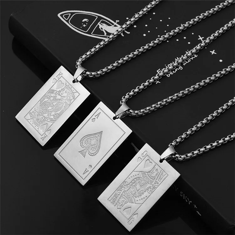 

CLARMER European and American jewelry stainless steel men necklace hip hop poker pendant necklace, Silver