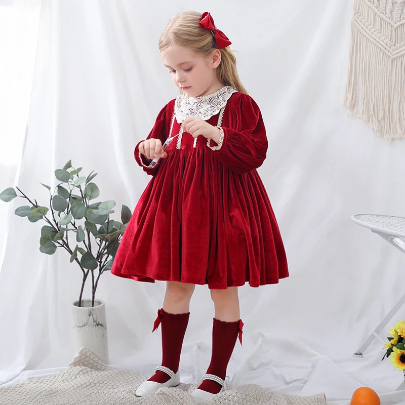

Kids boutique dress winter party red velvet girls Spanish dress baby Christmas dress