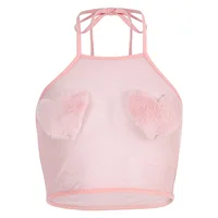 

Girls Sweet Plush Heart Patchwork Mesh Tanks Women Lace Up Halter Backless Cropped Tops Party Club Festival Pink Camis