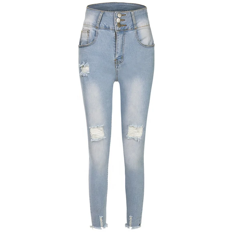 

New arrival latest fashion ladies light blue jeans woman high-waist ripped skinny jeans