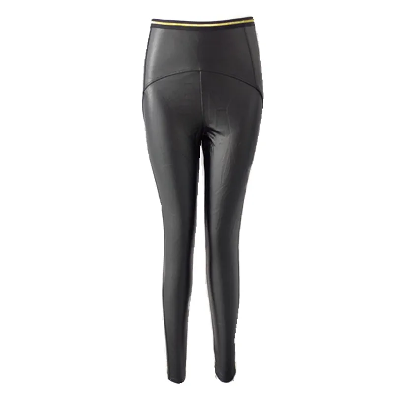 

Women's fashion seamed gold waist pu leather pencil pants trousers