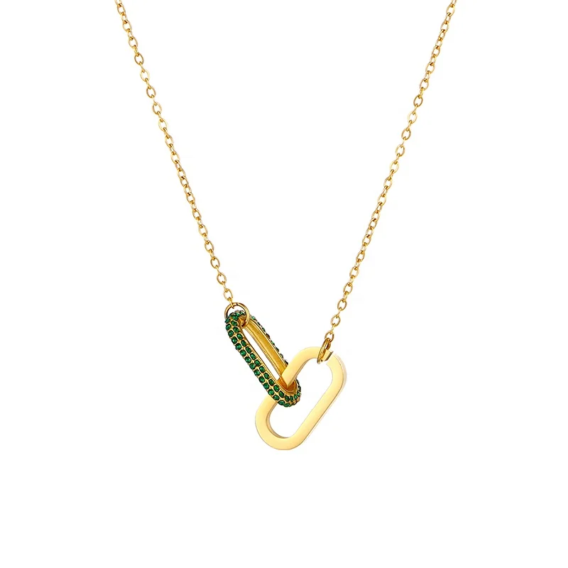 

Fashion Jewelry 18K Gold Plated Stainless Steel Jewelry Diamond Crystal CZ U Shaped Pendant Interlocking Necklace for Women