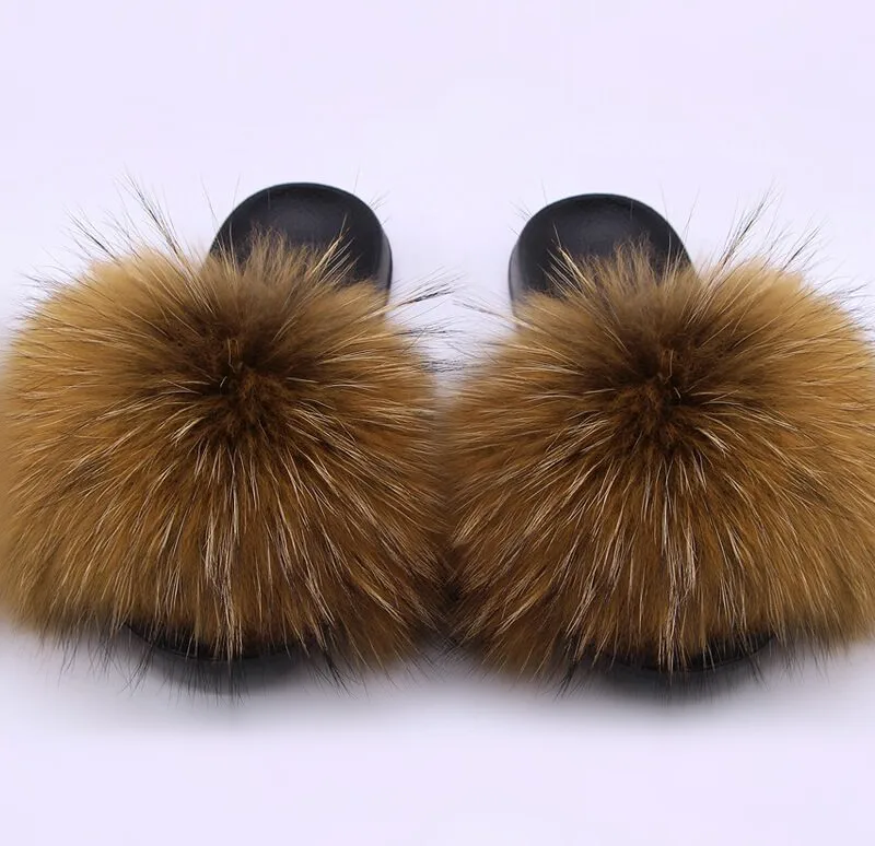 

Custom logo indoor eva sole racoon furry fur slides sandal colorful 100% fluffy fox raccoon fur slipper for women, Customized color