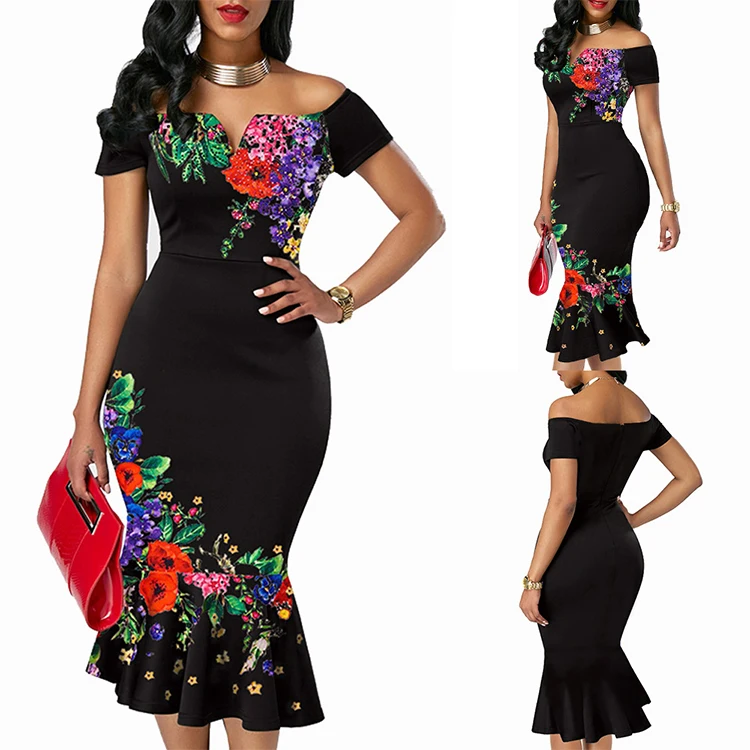 

Factory Price Irregular Off shoulder Floral Elegant Midi Women Dress, Shown
