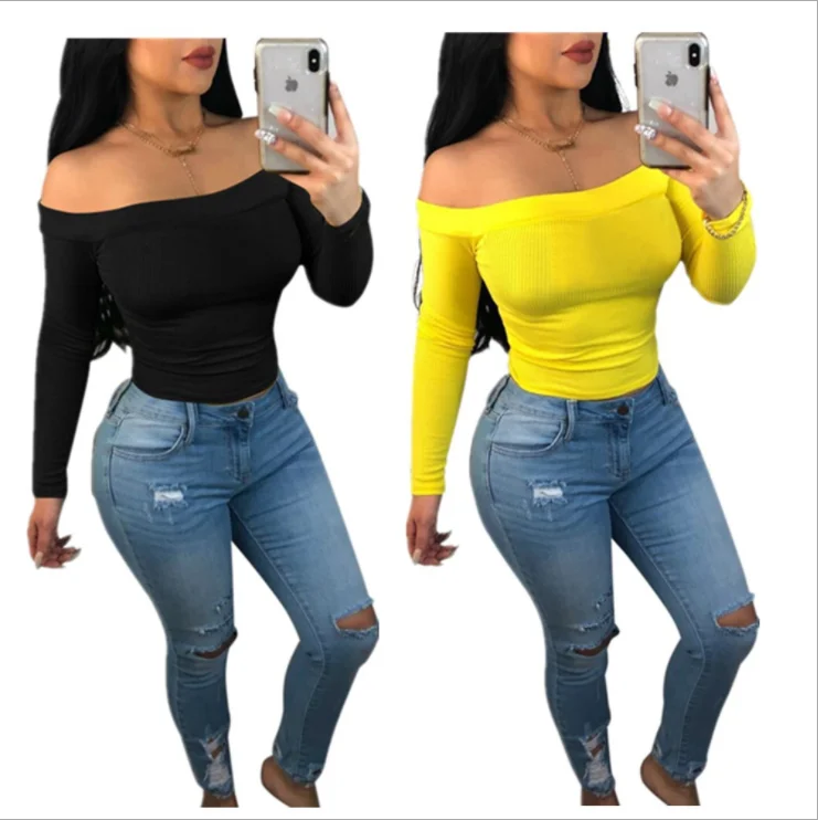 

ORP8251 Wholesale Solid color sexy pullover off shoulder long sleeves blouse T-shirt tops for women, Black,yellow