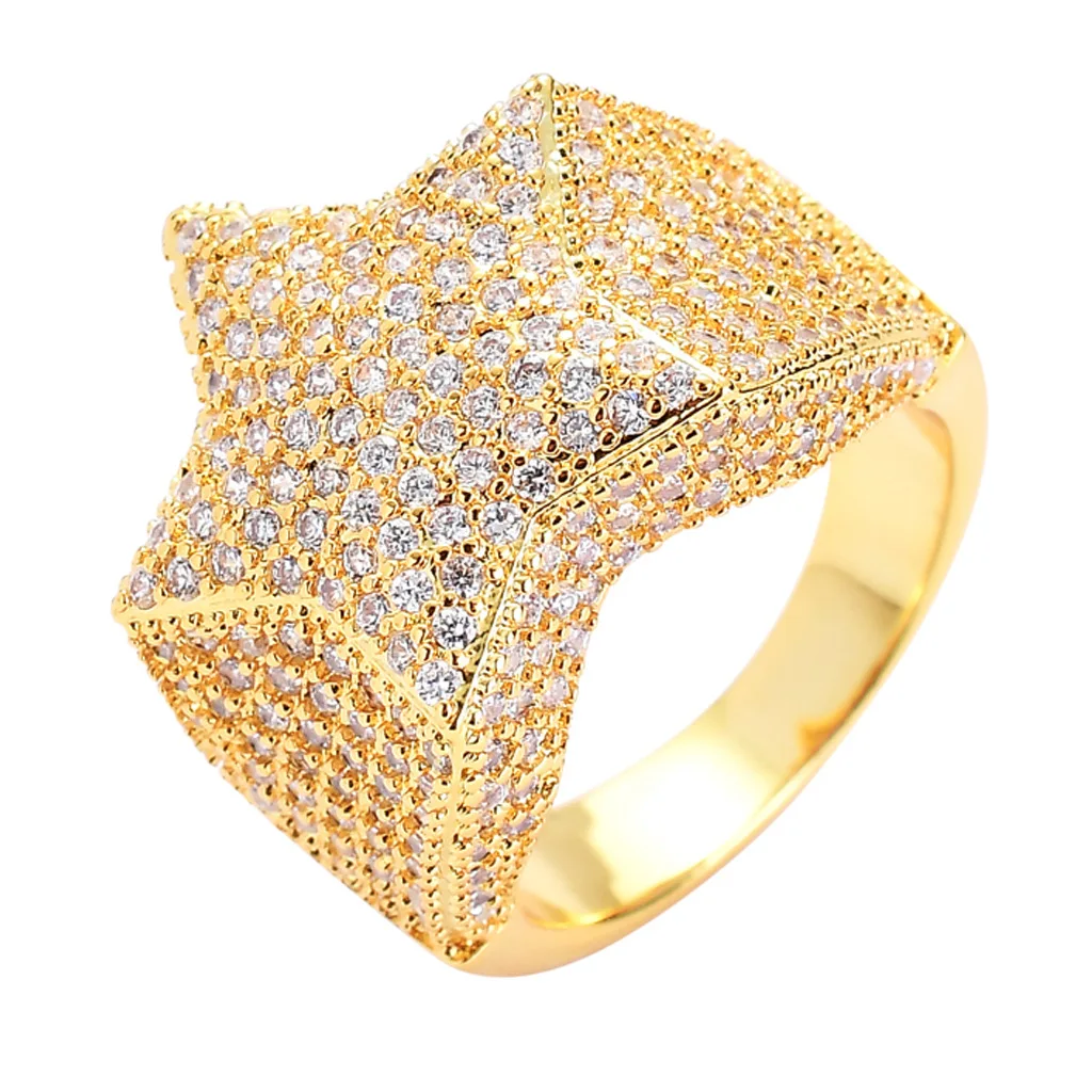 

Weihao European Hotselling Men's Hips Hops Real Gold Plated CZ Star Ring Iced Out Pave Bling Cubic Zirconia Star Ring, As picture show