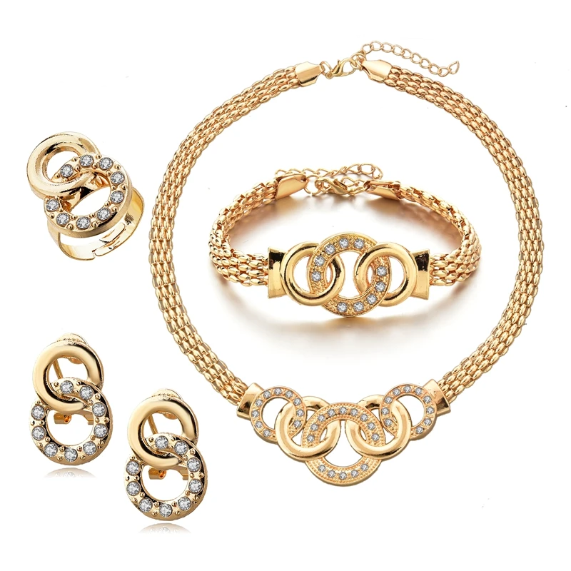 

Four-piece Jewelry Set with Interlocking Gold-plated Stainless Steel and Rhinestones Jewelry Suit,Necklace Set Jewelry