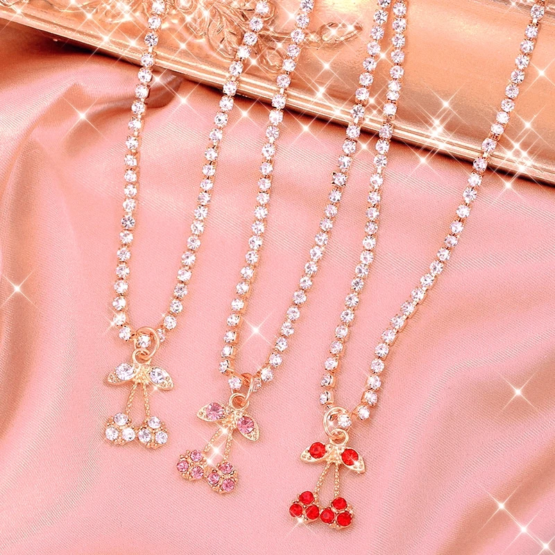 

Korean Elegant Sweet Jewelry Shiny Tennis Chain Fruit Rhinestone Red Pink Cherry Pendant Necklace, Red pink white