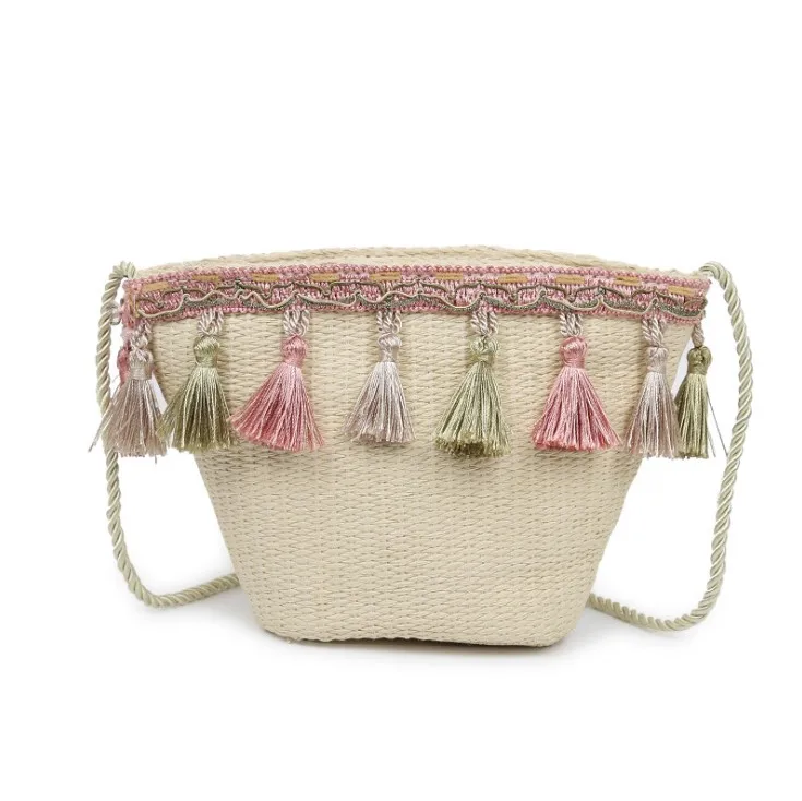 

2020 hot sale straw woven handmade shoulder bags women travel on beach Bohemian style tassel bucket handbags, Creamy white /yellow/colourful