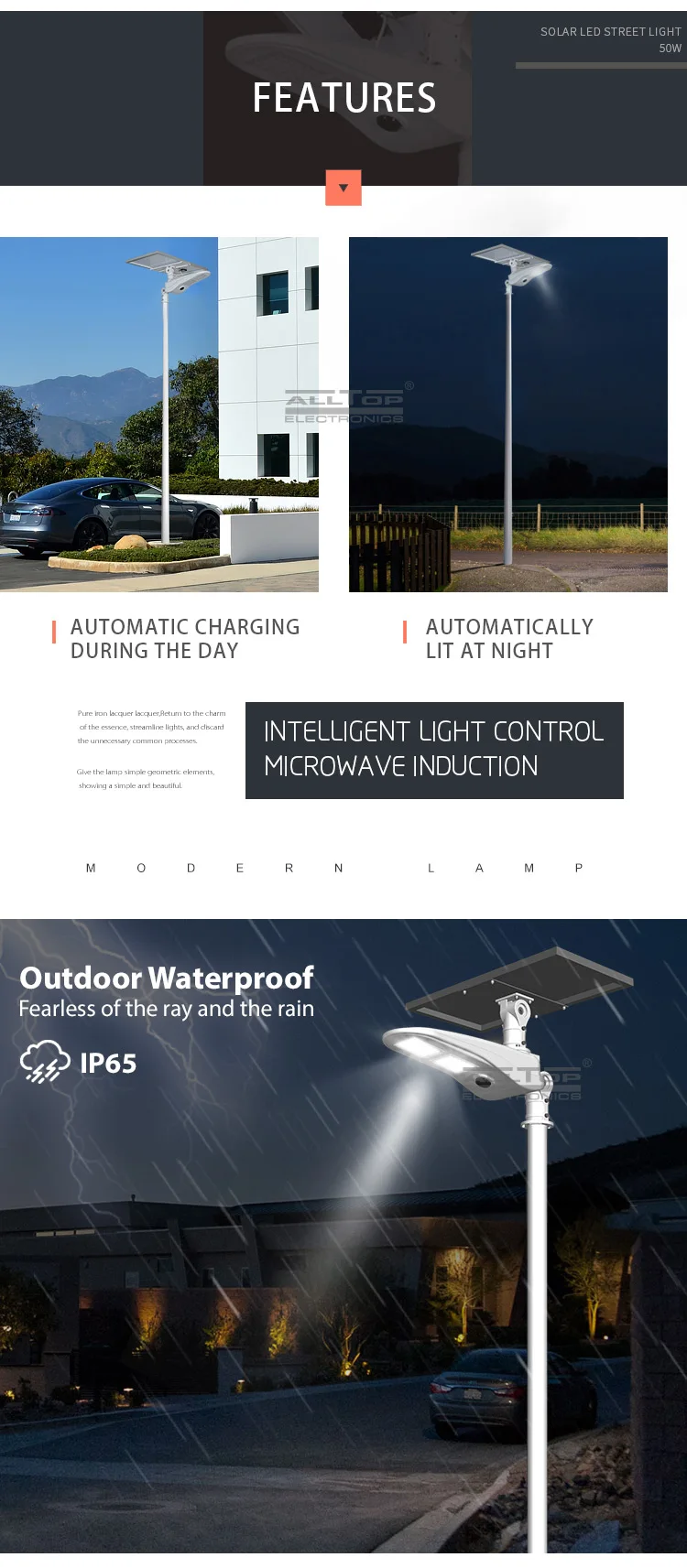 ALLTOP IP65 Outdoor waterproof integrated fixture road lighting 50 watt solar street light