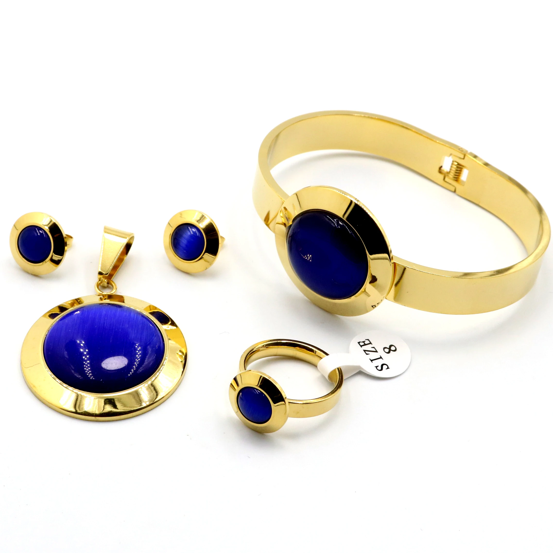 

AFXSION Best selling Africa high quality 18K Gold jewelry blue cat eye Stainless Steel Necklace Earrings Ring Bracelet, Picture