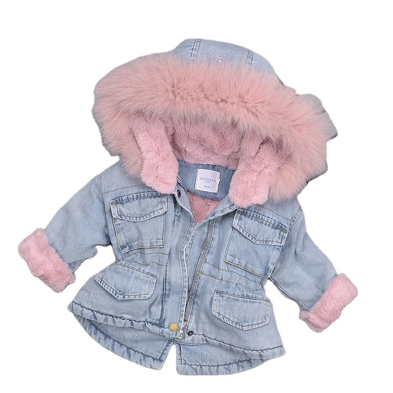 

New Toddler Coat Jacket Kids Baby Girls Hooded Faux Fur Fleece Warm Thick Denim Coat Outwear Fashion Winter Warm Costume, Picture shows