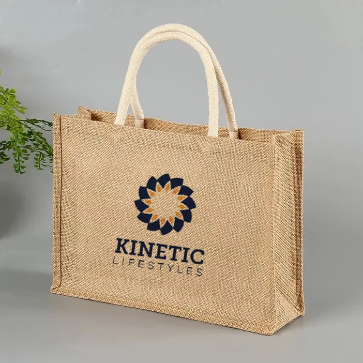 

Natural Reusable Jute Burlap Tote Bags Grocery Bag with Cotton Handles