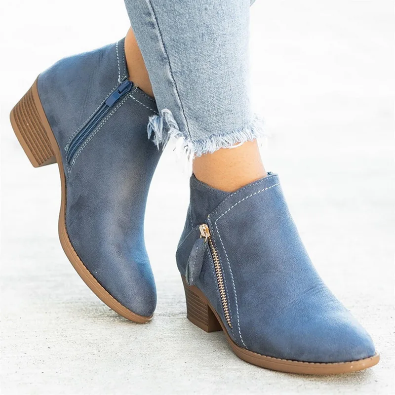 

Women Flock Ankle Boots Slip-on 3.5cm Square Heel Solid Casual Black Camel Booties Size 35-43 Autumn Winter Boots