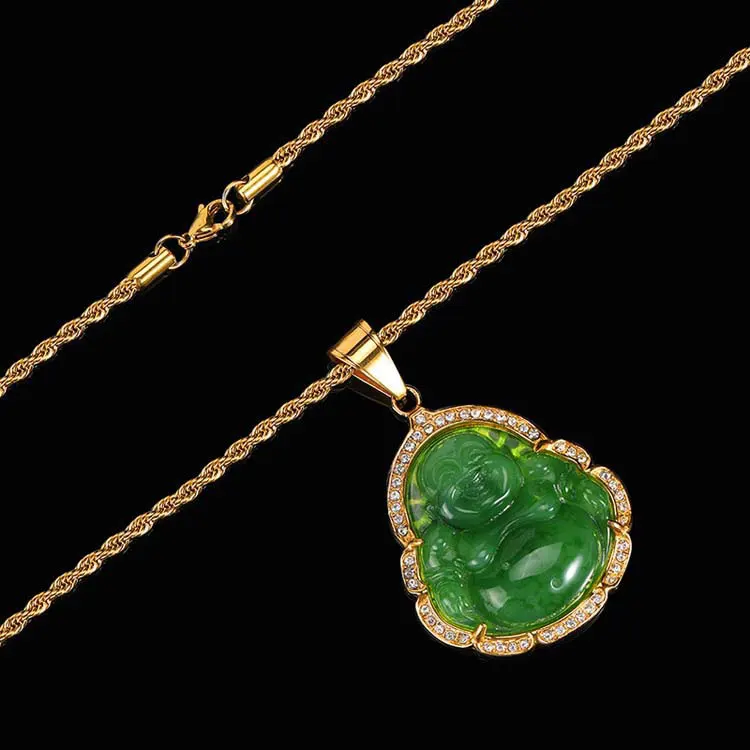 

Hip Hop Natural Purple Black Pink Buddah Jade Necklaces 18K Stainless Steel Gold Chain Pendant Jewelry barclays buddah necklace