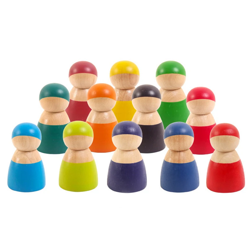 

Baby Wooden Toys Grimm's Set of 12 Rainbow Friends Peg Dolls Wooden Pretend Play People Figures Doll Colorful Blocks Toys Gift