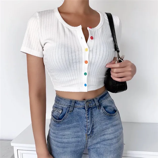 

2021 Summer New style Hot Sale color Button Navel Tight-fitting Fashion All-match Cotton T-shirt for Ladies, Picture showed