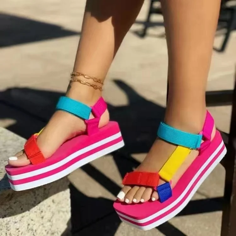 

2021 Colorful Casual Platform Sandals for Women Square Top Beach Sandals Ladies Slippers with Magic Strap, 2 colors