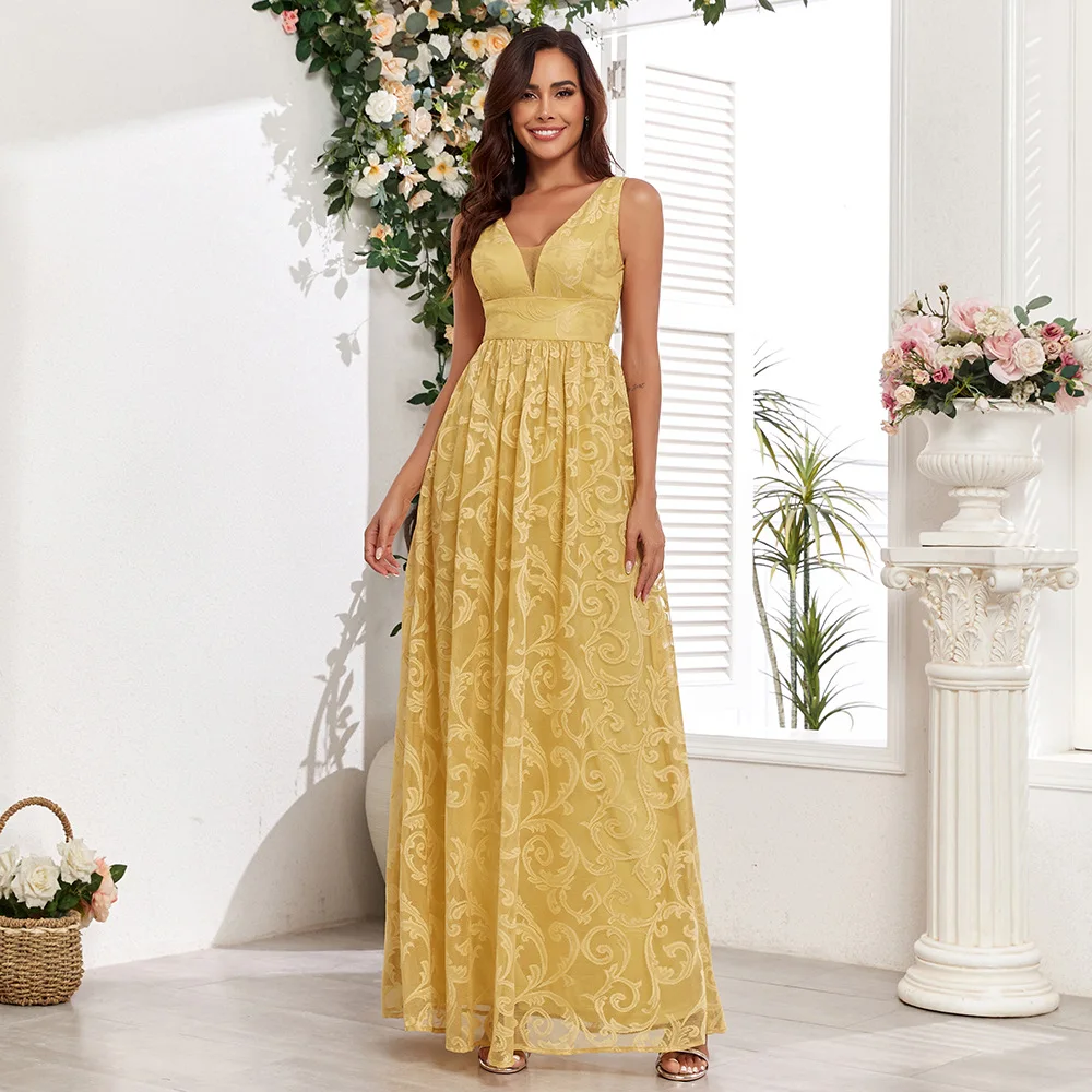 TW00138 Trendy Elegant Long Gown Evening Dress Sleeveless Lace Pattern V-neck A-line Fully Lined Long Dresses Women Party Dress