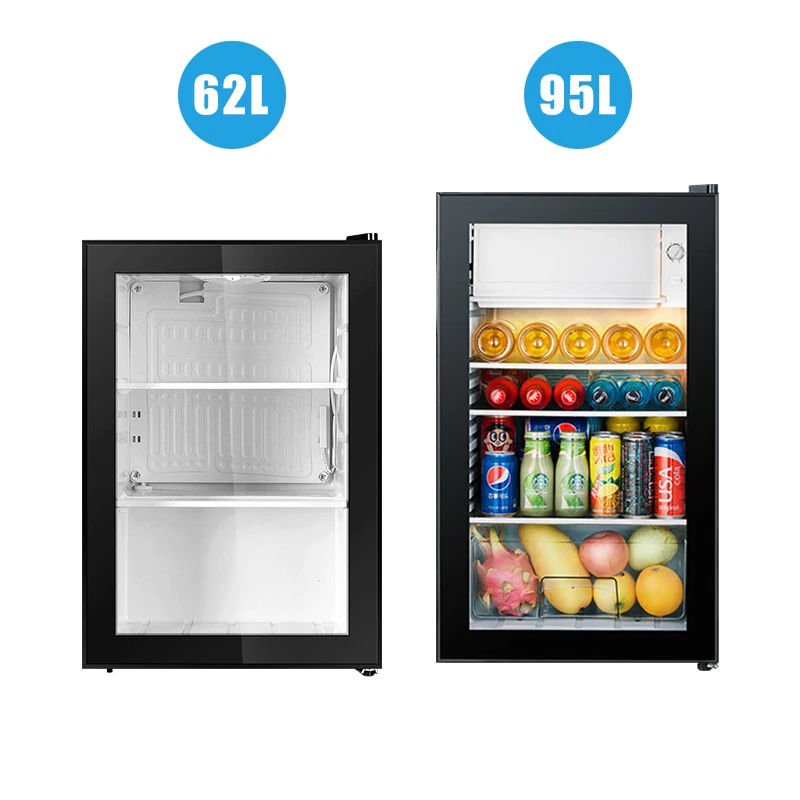 
62L/95L Hotel Glass Door Mini Bar Fridge Commercial Display Refrigerator Directly Cooling Mini Fridge 