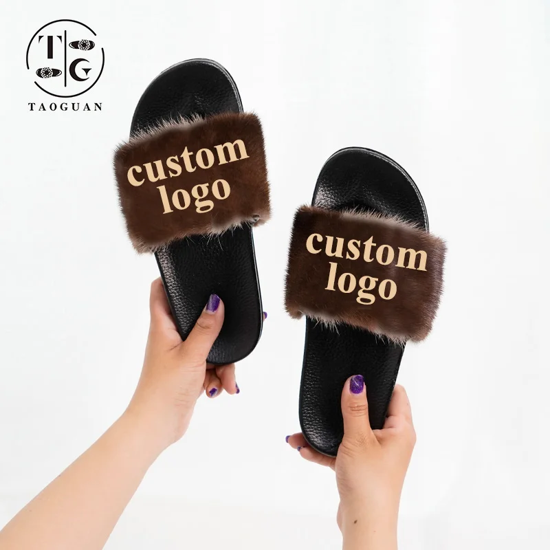 

China wholesale custom logo indoor real raccoon mink sandals soft fox mink fur flats slides slippers for women teddy bear suite, Customized color